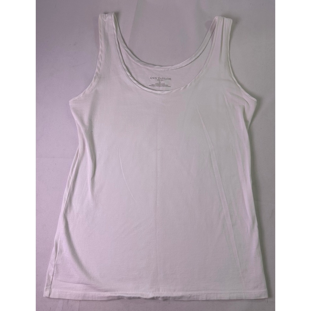 Ann Taylor Womens White Cotton Blend Scoop Neck Tank Top Stretch Size Medium